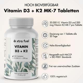 Compresse di vitamina D3 + K2 - 20.000 U.I. + 200mcg - 100% puro e altamente dosato