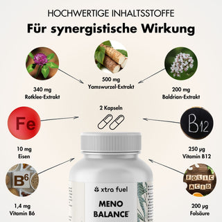 Capsule per la menopausa - Meno Balance - Formula naturale con igname, trifoglio rosso, valeriana e ferro