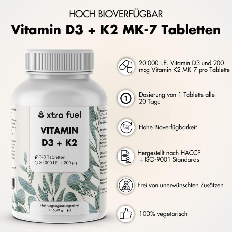 Compresse di vitamina D3 + K2 - 20.000 U.I. + 200mcg - 100% puro e altamente dosato