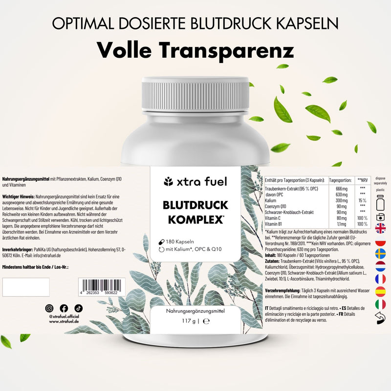 Capsule per la pressione sanguigna* - OPC con potassio, Q10, aglio nero e vitamina C